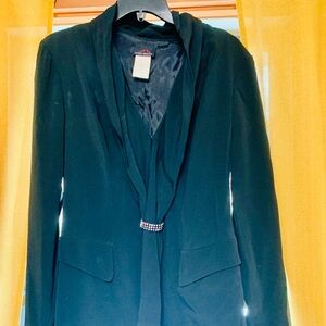 High Drama Vintage Black suit jacket blazer attached scarf rhinestone embellish